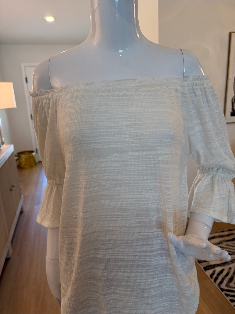 Cream Off-Shoulder Textured Blouse with Ruffle Sleeves